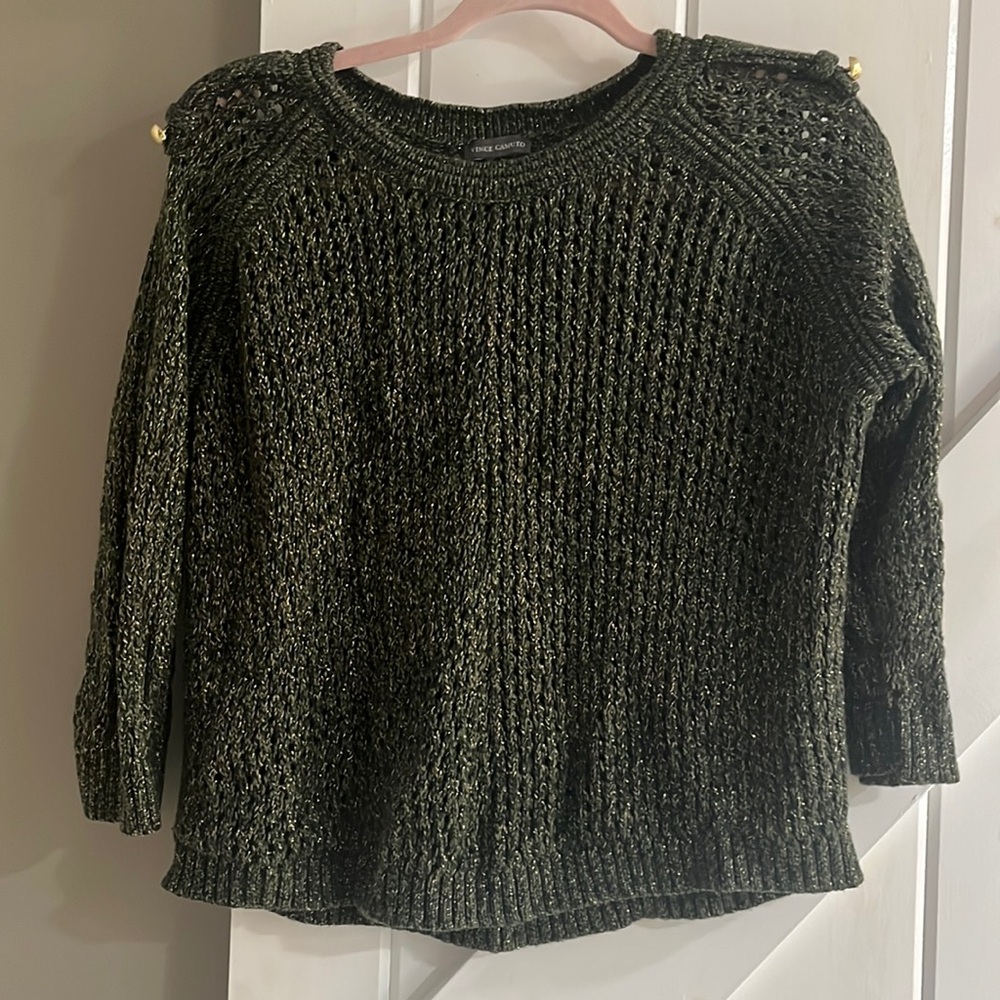 Vince Camuto Green Sweater Gold Thread Gold Buttons on Shoulder